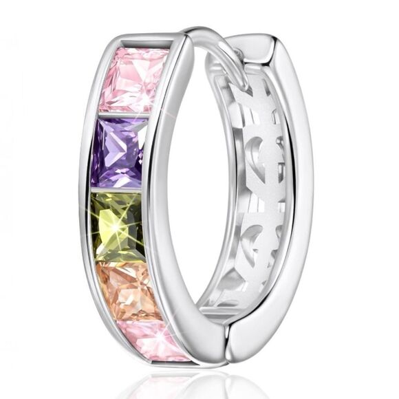 14K White Gold with Multicolored Cubic Zirconia Princess Cut Huggie Earrings - Picture 2 of 5